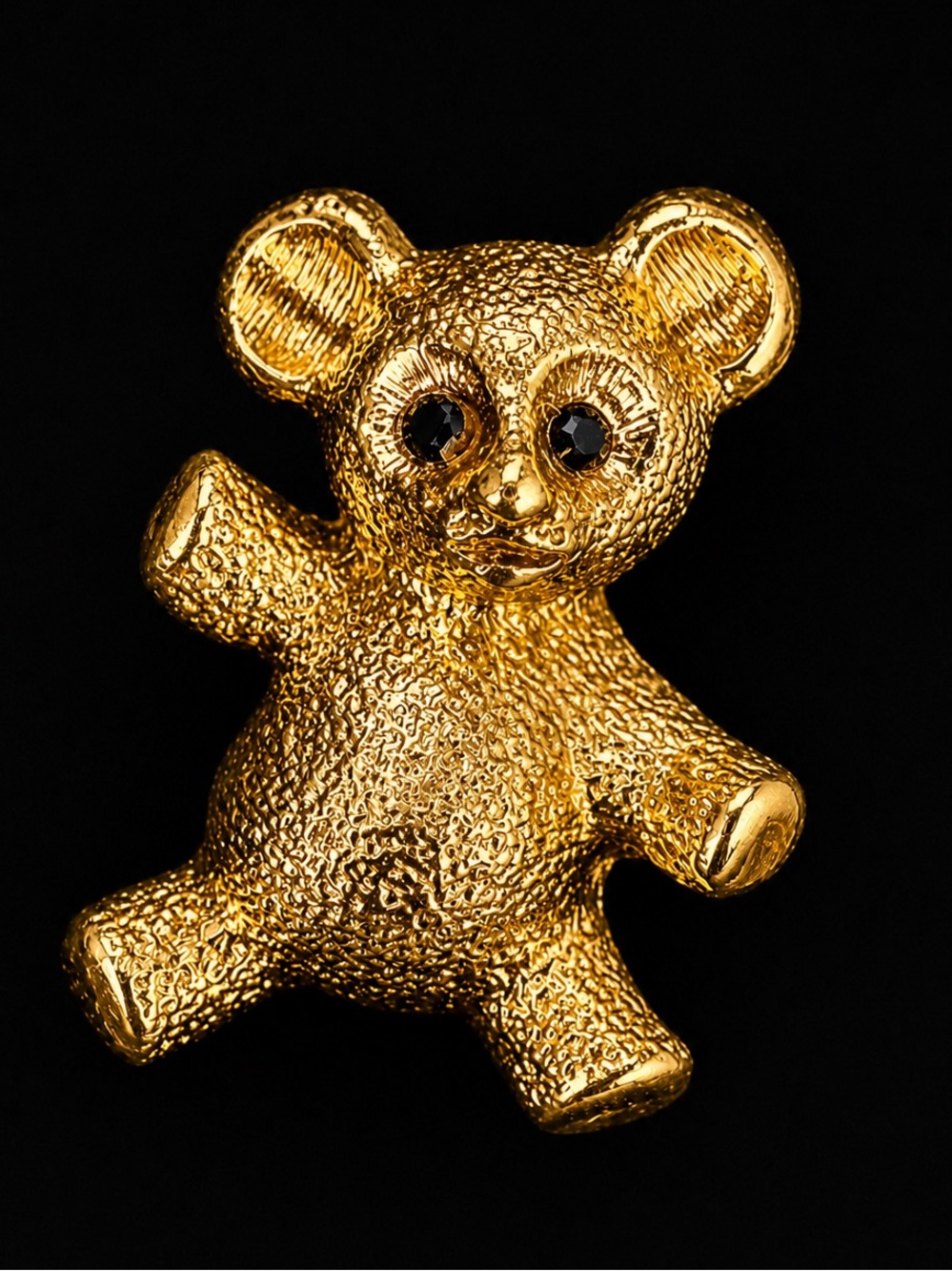 Vintage Monet Tiny Teddy Bear Brooch Goldtone Black Eyes Figural Pin